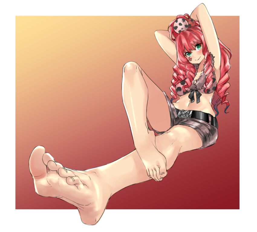 1girl armpits barefoot belt closed_mouth drill_hair eiji_(eiji) facial_mark feet full_body fur_trim highres kyokugen_dasshutsu kyokugen_dasshutsu_adv:_zennin_shibou_desu long_hair looking_at_viewer navel pink_hair shorts smile solo yotsuba_(kyokugen_dasshutsu)