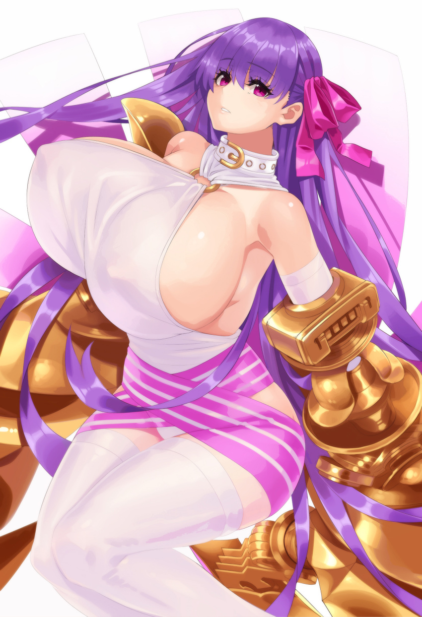 1girl bangs bare_shoulders blush bow breasts claws collar covered_nipples fate/extra fate/extra_ccc fate/grand_order fate_(series) hair_ribbon hayama_kazusa highres huge_breasts long_hair looking_at_viewer passionlip_(fate) passionlip_(third_ascension)_(fate) purple_eyes purple_hair revision ribbon solo very_long_hair