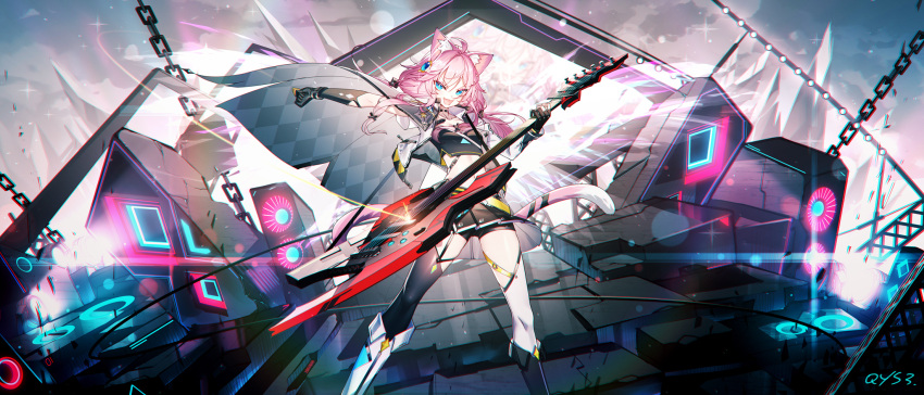 1girl ahoge animal_ear_fluff animal_ears asymmetrical_legwear asymmetrical_sleeves bangs black_gloves blue_eyes breasts cape cat_ears cat_tail electric_guitar garter_straps gloves guitar hair_ornament highres holding holding_instrument indie_virtual_youtuber instrument jacket long_hair looking_at_viewer low_twintails midriff mismatched_legwear open_clothes open_jacket open_mouth pink_hair pleated_skirt plectrum qys3 sakurada_hane shorts shorts_under_skirt skirt small_breasts solo tail thighhighs twintails