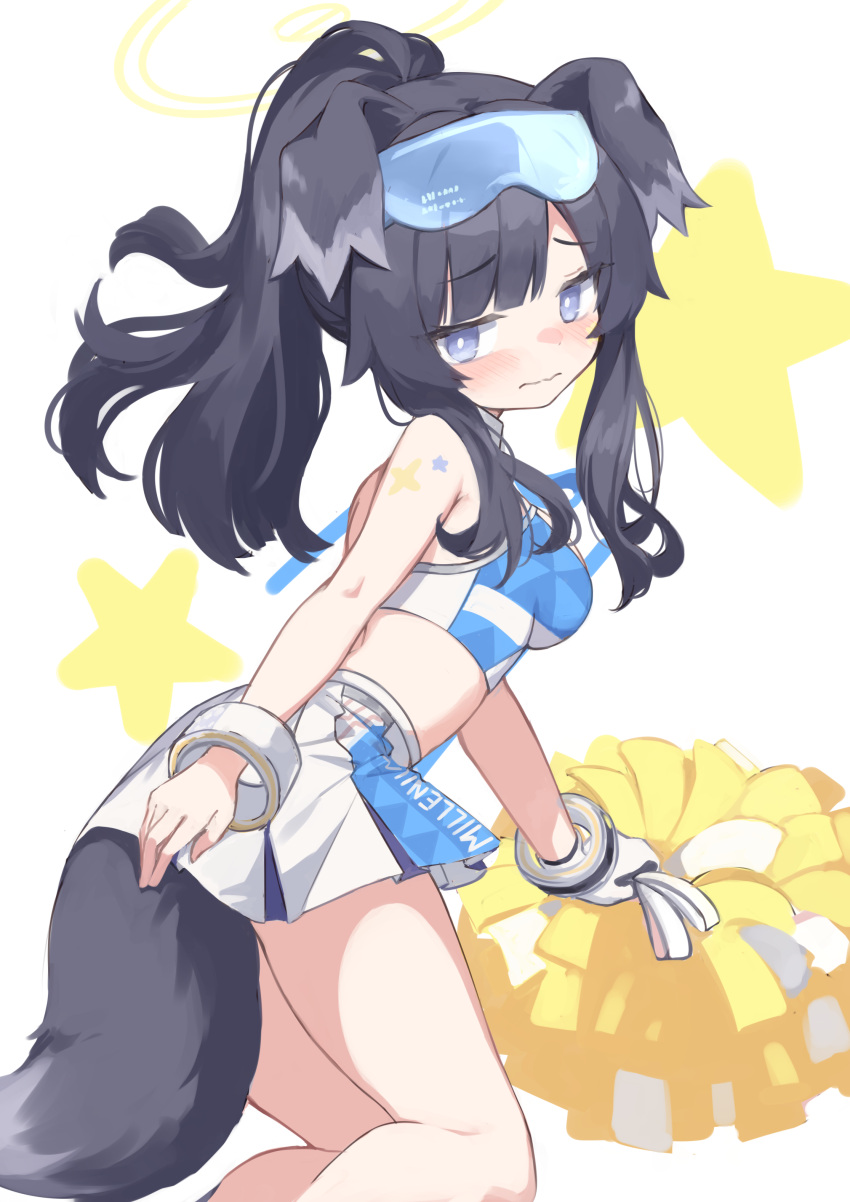 1girl absurdres animal_ears arm_tattoo bangs black_hair blue_archive blue_eyes blush bracelet breasts closed_mouth crop_top dog_ears dog_tail gloves goggles goggles_on_head halo hibiki_(blue_archive) hibiki_(cheerleader)_(blue_archive) highres holding holding_pom_poms jewelry klaius long_hair looking_back medium_breasts pom_pom_(cheerleading) ponytail sidelocks simple_background single_glove skirt solo star_tattoo tail tattoo white_background white_gloves white_skirt