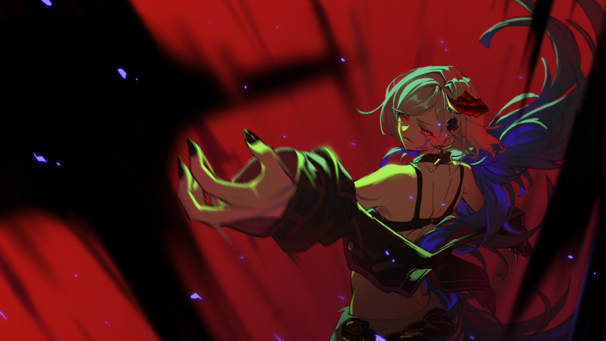 1girl bare_shoulders black_bra black_jacket blurry bra butt_crack choker depth_of_field djeeta_(granblue_fantasy) eye_trail facial_tattoo feather_boa forbidden_alter_ego_(granblue_fantasy) granblue_fantasy grey_hair hair_intakes hair_ornament highres horns jacket light_trail limi26 long_sleeves off_shoulder outstretched_arm parted_lips short_hair shoulder_blades single_horn smile solo tattoo underwear upper_body x_hair_ornament