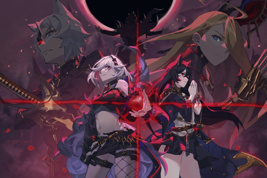 2boys 3girls absurdres alter_ego_malevolent_(granblue_fantasy) apple belial_(granblue_fantasy) black_hair black_shirt black_skirt blonde_hair blue_eyes camisole choker claw_(weapon) closed_mouth crop_top djeeta_(granblue_fantasy) earrings feather_boa fishnet_pantyhose fishnets food fruit glint granblue_fantasy grey_hair hair_ornament hair_over_one_eye half_mask highres jewelry limi26 long_hair looking_at_viewer mask midriff miniskirt multiple_boys multiple_girls navel nier_(granblue_fantasy) own_hands_clasped own_hands_together pantyhose predator_(granblue_fantasy) reaching_out red_eyes robe seox_(granblue_fantasy) shirt short_hair single_leg_pantyhose skirt smile thigh_strap weapon wrist_cuffs x_hair_ornament