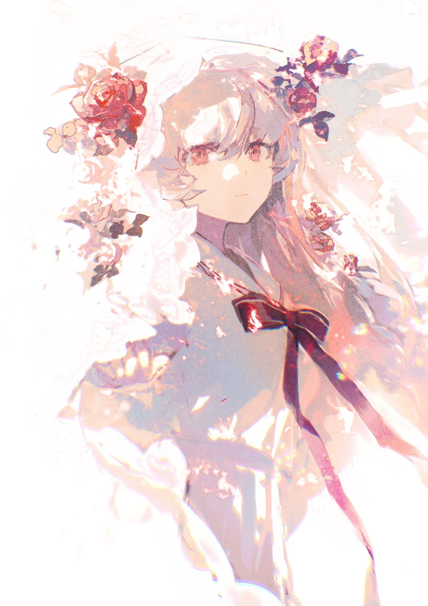 1girl arcaea backlighting bangs character_request closed_mouth dress expressionless flower glowing hair_flower hair_ornament highres lobelia_(saclia) looking_at_viewer neck_ribbon pink_hair red_eyes red_flower red_ribbon red_rose ribbon rose sailor_collar simple_background solo standing upper_body white_background white_dress white_sailor_collar