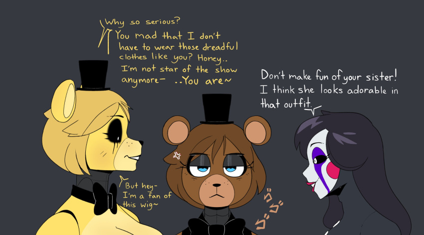 2022 animatronic annoyed anthro black_body black_hair black_sclera blonde_hair blue_eyes blush blush_stickers bodily_fluids bow_tie brown_body brown_hair clothing cross-popping_vein dialogue digital_drawing_(artwork) digital_media_(artwork) facial_markings female five_nights_at_freddy's five_nights_at_freddy's_2 freckles freddy_(fnaf) frown golden_freddy_(fnaf) group hair hat head_markings headgear headshot_portrait headwear hi_res humanoid lipstick machine makeup mammal marionette_(fnaf) markings nude portrait pupils question question_mark robot scottgames sibling sister sisters smile speech_bubble tear_(marking) tears top_hat trio ursid video_games void_eyes white_pupils yellow_body zhenai