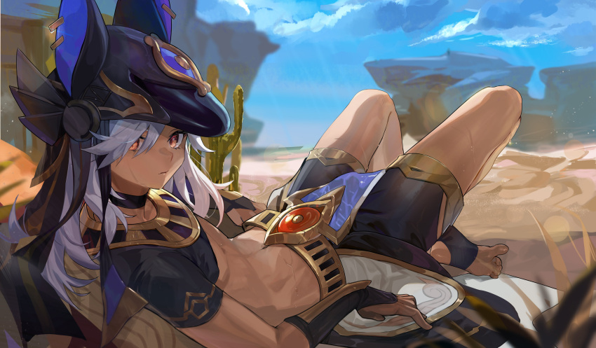 1boy absurdres animal_hat bangs black_choker black_headwear blue_sky cactus choker closed_mouth cloud commentary cyno_(genshin_impact) dark-skinned_male dark_skin day desert egyptian_clothes genshin_impact hat highres long_hair looking_at_viewer male_focus outdoors reclining red_eyes sky solo sweat symbol-only_commentary toeless_legwear wumumu