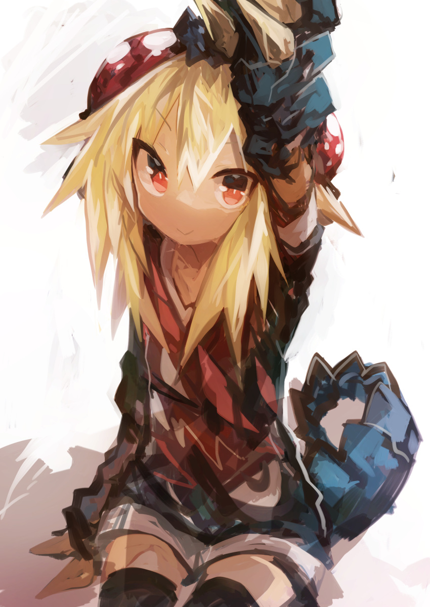 1girl absurdres animal_hands arm_up black_thighhighs blonde_hair blue_shirt claws extra_eyes highres kaamin_(mariarose753) long_hair looking_at_viewer monster_girl orange_eyes original red_shirt reptile_girl shadow shirt short_sleeves shorts simple_background sitting smile solo tail thighhighs tokage_(kaamin) upper_body white_background white_shorts