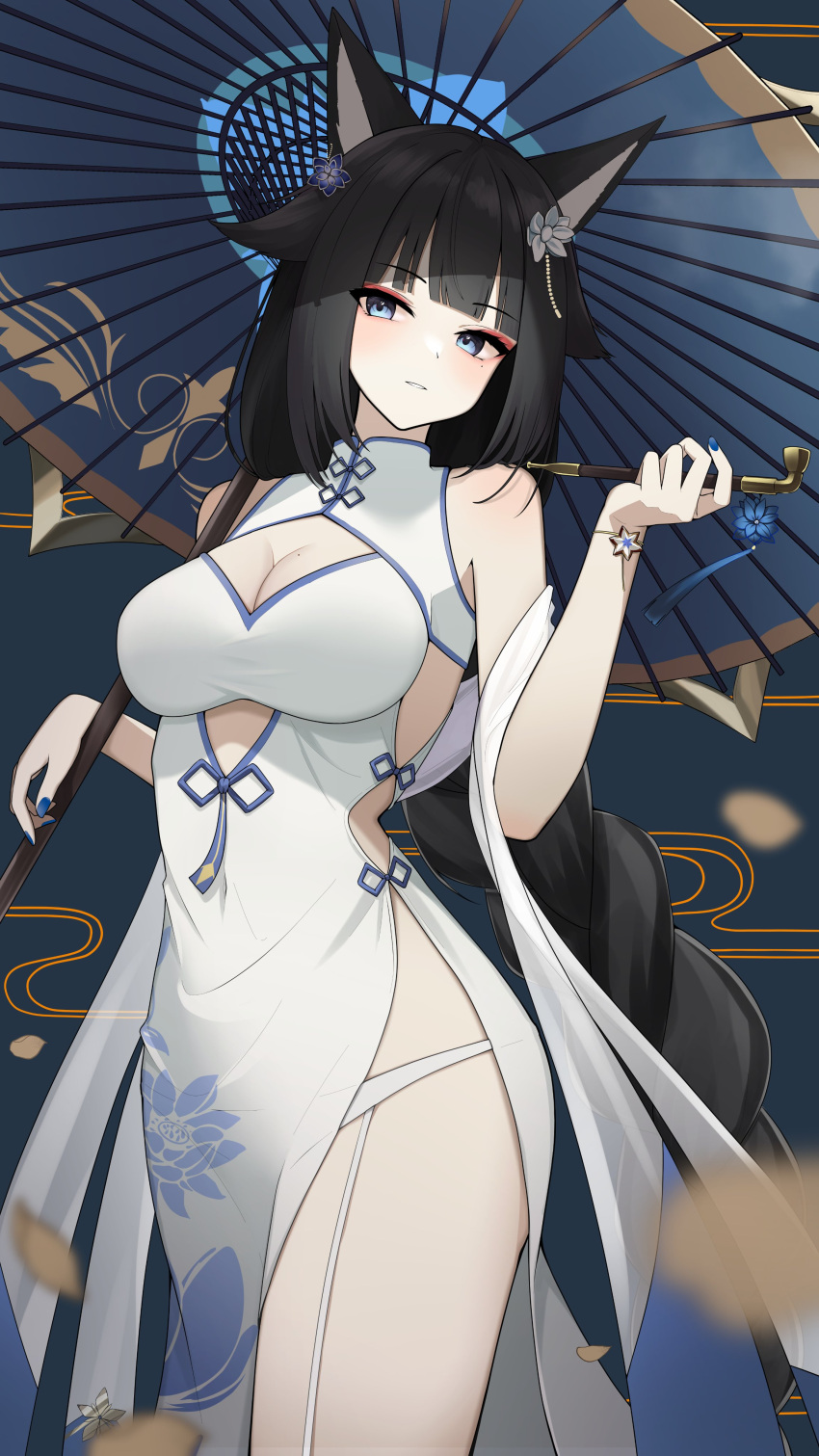 1girl absurdres bare_shoulders black_hair blue_eyes blue_nails blue_umbrella braid breasts cleavage commentary commission dress highres holding holding_smoking_pipe holding_umbrella indie_virtual_youtuber inor2i kiseru long_hair looking_at_viewer medium_breasts nail_polish oil-paper_umbrella panties parted_lips pelvic_curtain sakae_izumi second-party_source single_braid skeb_commission sleeveless sleeveless_dress smoking_pipe solo umbrella underwear very_long_hair virtual_youtuber white_dress white_panties