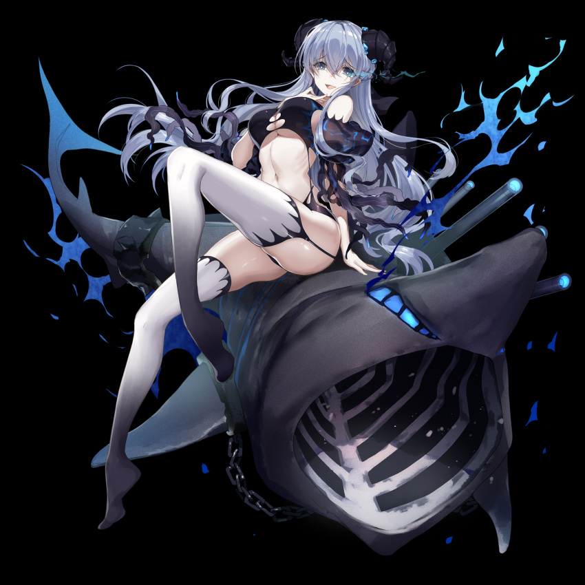 1girl :d bangs bison_cangshu black_surge_night blue_eyes breasts crop_top garter_straps gradient gradient_legwear grey_hair hair_between_eyes highres horns large_breasts long_hair navel no_shoes shark smile solo stomach thighhighs very_long_hair white_thighhighs