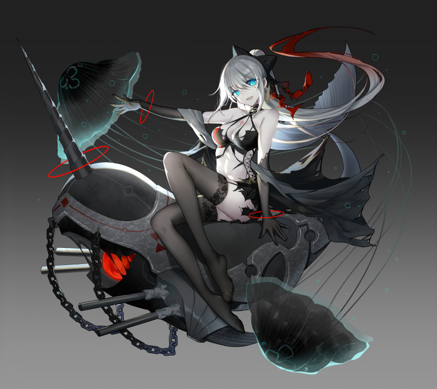 1girl bangs bison_cangshu black_gloves black_ribbon black_surge_night black_thighhighs blue_eyes breasts chest_tattoo crop_top elbow_gloves floating_hair garter_straps gloves gradient_hair grey_hair hair_between_eyes hair_ribbon highres jellyfish large_breasts long_hair multicolored_hair narwhal no_shoes ponytail ribbon sitting solo tattoo thighhighs very_long_hair
