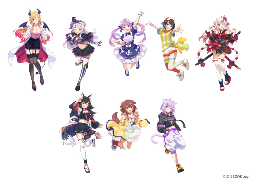 6+girls :3 absurdres animal_ears arm_up asymmetrical_legwear backwards_hat bangs bat_tattoo black_bow black_footwear black_gloves black_hair black_hoodie black_skirt black_thighhighs blonde_hair blue_hair blue_nails blunt_bangs blush bow breast_tattoo breasts brown_eyes brown_hair cat_ears cat_girl cat_tail character_request cleavage collar collarbone company_name demon_girl demon_horns demon_tail demon_wings dog_ears dog_girl dog_tail fangs garter_straps gloves gradient_hair green_eyes grey_hair hat highres hololive hood hoodie horns inugami_korone large_breasts lips long_hair looking_at_viewer minato_aqua mismatched_legwear multicolored_hair multiple_girls narumi_nanami navel nekomata_okayu one_eye_closed oni_horns ookami_mio oozora_subaru open_mouth pencil_skirt pink_hair pleated_skirt pointy_ears purple_eyes purple_hair red_eyes red_hair red_thighhighs shoes short_hair short_sleeves shorts simple_background skirt smile sneakers stopwatch stopwatch_around_neck swept_bangs tail tattoo teeth thighhighs twintails upper_teeth virtual_youtuber white_background white_footwear white_thighhighs wings wolf_ears wolf_girl wolf_tail yellow_nails yuzuki_choco