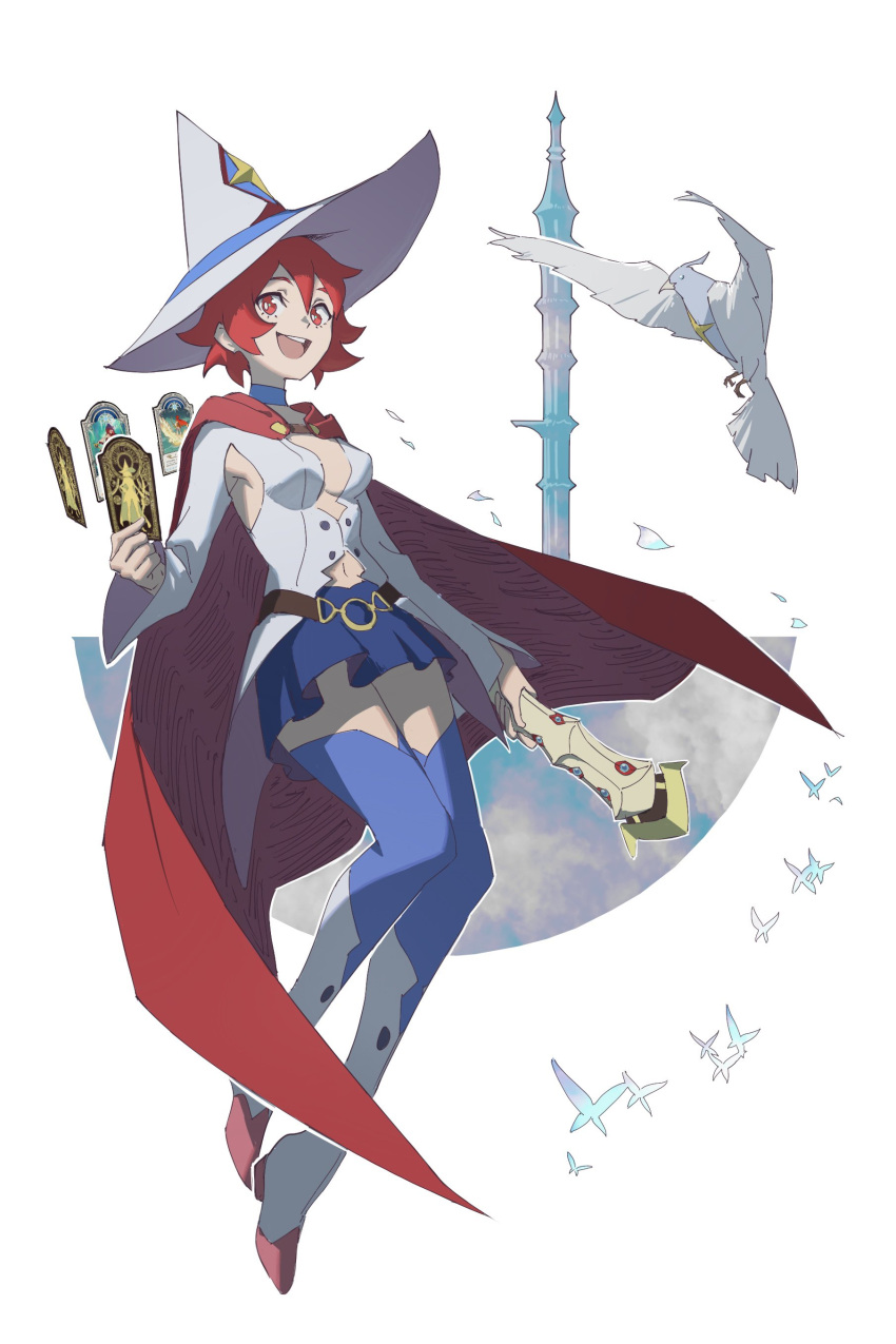 1girl absurdres alcor_(little_witch_academia) animal belt bird blue_skirt blue_thighhighs boots breasts bright_pupils brown_belt cape card cleavage clothing_cutout coattails crow full_body hair_between_eyes hat highres holding holding_card holding_staff holding_wand knee_boots little_witch_academia long_sleeves looking_at_viewer medium_breasts miniskirt navel_cutout pleated_skirt psylduck red_eyes shiny_chariot shiny_rod short_hair skirt smile solo staff thighhighs thighhighs_under_boots tower wand white_footwear white_headwear white_pupils wide_sleeves witch witch_hat zettai_ryouiki