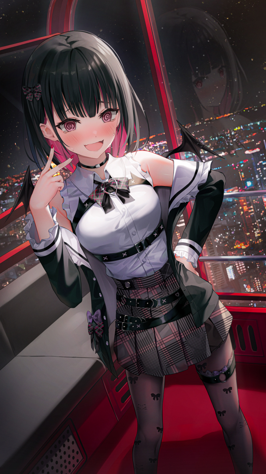 1girl :d @_@ bangs black_bow black_bowtie black_hair black_jacket blush bow bow_print bowtie breasts brown_pantyhose cityscape collared_shirt colored_inner_hair demon_wings dress_shirt feet_out_of_frame hair_bow highres indie_virtual_youtuber indoors jacket long_sleeves looking_at_viewer medium_breasts medium_hair multicolored_hair nail_polish off_shoulder open_clothes open_jacket pantyhose pink_eyes pink_hair pleated_skirt red_nails reflection rikotan_(vtuber) shirt shuvi_(shuvi1125) skirt smile solo standing tearing_up thigh_strap v virtual_youtuber wings