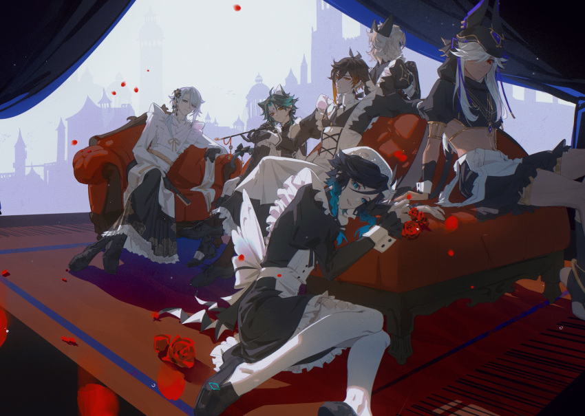 6+boys absurdres ahoge albedo_(genshin_impact) alternate_costume aomaxuanzexuexi apron aqua_eyes bangs bed black_hair blonde_hair blue_eyes braid brown_hair couch crossdressing cyno_(genshin_impact) dark-skinned_male dark_skin flower french_braid frills genshin_impact gradient_hair green_eyes green_hair hair_between_eyes highres light_brown_hair long_hair looking_at_viewer maid maid_headdress male_focus medium_hair multicolored_hair multiple_boys orange_hair parted_bangs ponytail puffy_sleeves red_flower red_rose rose short_hair short_hair_with_long_locks short_ponytail sidelocks sitting skirt two-tone_hair venti_(genshin_impact) white_hair xiao_(genshin_impact) yellow_eyes zhongli_(genshin_impact)