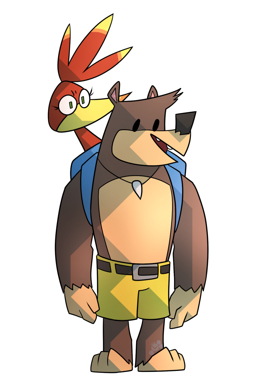 2019 alpha_channel anthro avian backpack banjo-kazooie banjo_(banjo-kazooie) beak bird bottomwear breegull brown_body brown_fur clothing duo feathers female feral fur green_eyes hi_res kazooie male mammal pants potoobrigham rareware red_body red_feathers shark_tooth_necklace simple_eyes ursid video_games yellow_beak yellow_body yellow_bottomwear yellow_clothing yellow_feathers yellow_pants