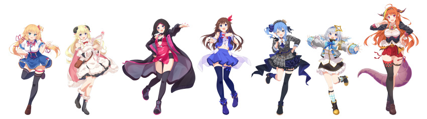 6+girls absurdres akai_haato amane_kanata angel angel_wings armband asymmetrical_legwear azki_(hololive) bag bangs bare_shoulders black_coat black_hair black_shorts black_thighhighs blonde_hair blue_eyes blue_hair blue_skirt blue_socks blue_thighhighs boots bow breasts brown_hair cape cleavage cleavage_cutout clothing_cutout coat covered_navel dragon_girl dragon_tail feathered_wings fingerless_gloves fingernails fold-over_boots full_body gloves hair_ornament hair_ribbon hair_up halo hand_on_hip hand_up harp highres holding holding_instrument hololive horns hoshimachi_suisei instrument jacket jewelry kiryu_coco long_hair midriff mini_wings multicolored_hair multiple_girls nail_polish narumi_nanami navel necklace off_shoulder official_art open_clothes open_coat orange_hair pink_nails revealing_clothes ribbon see-through sheep_girl sheep_horns shoes short_hair shorts simple_background single_thighhigh skirt socks streaked_hair striped striped_bow tail thigh_strap thighhighs tokino_sora tsunomaki_watame uneven_legwear v virtual_youtuber white_background white_hair wide_sleeves wings