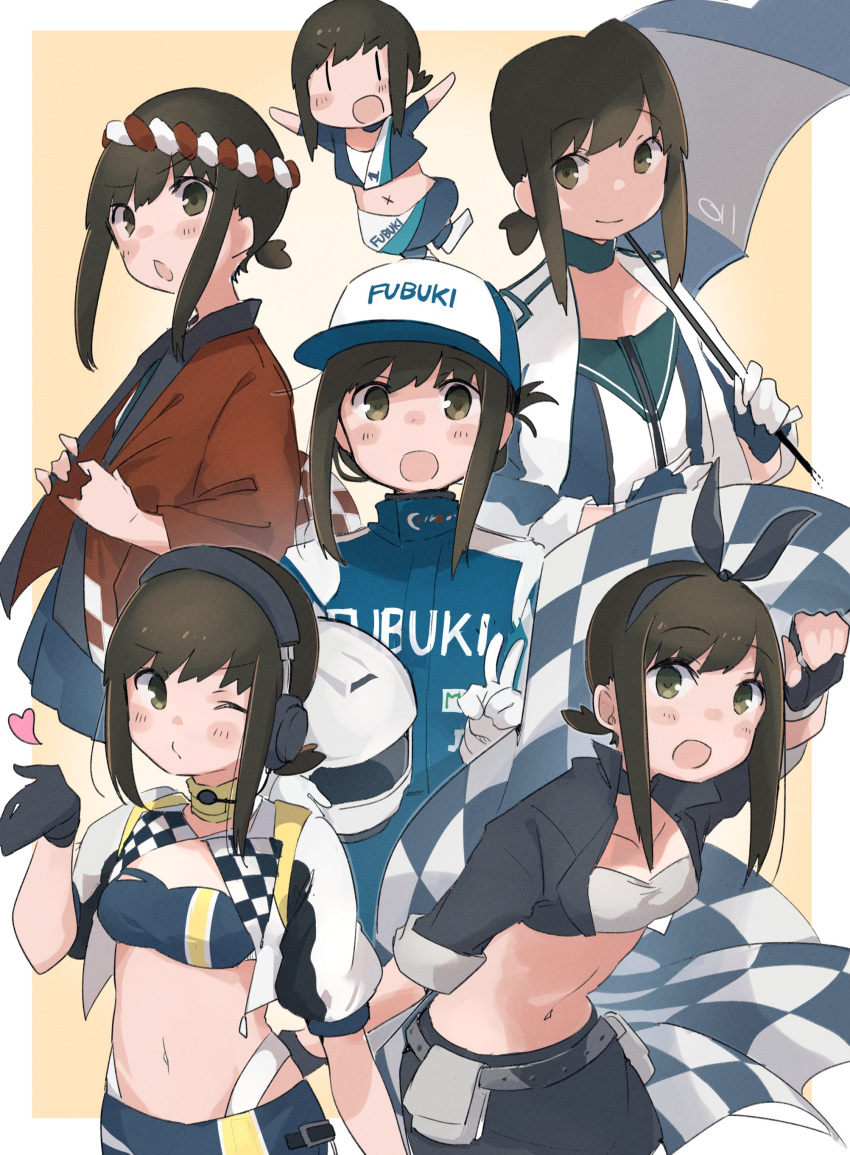 1girl absurdres bandeau black_gloves black_hair blue_bandeau blue_jacket blush border closed_mouth clothes_writing collarbone fubuki_(kancolle) gloves green_eyes hachimaki happi headband heart highres jacket japanese_clothes kantai_collection ma_rukan multiple_views navel nejiri_hachimaki official_alternate_costume one_eye_closed open_mouth race_queen short_hair short_ponytail signature smile v white_border white_gloves