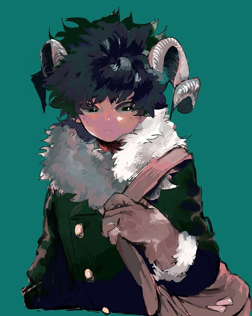 1boy alternate_costume bangs boku_no_hero_academia brown_bag brown_gloves closed_mouth cropped_torso frown fur_collar gloves green_background green_eyes green_jacket highres horns jacket koba_ri long_sleeves male_focus midoriya_izuku shiny shiny_hair short_hair solo upper_body