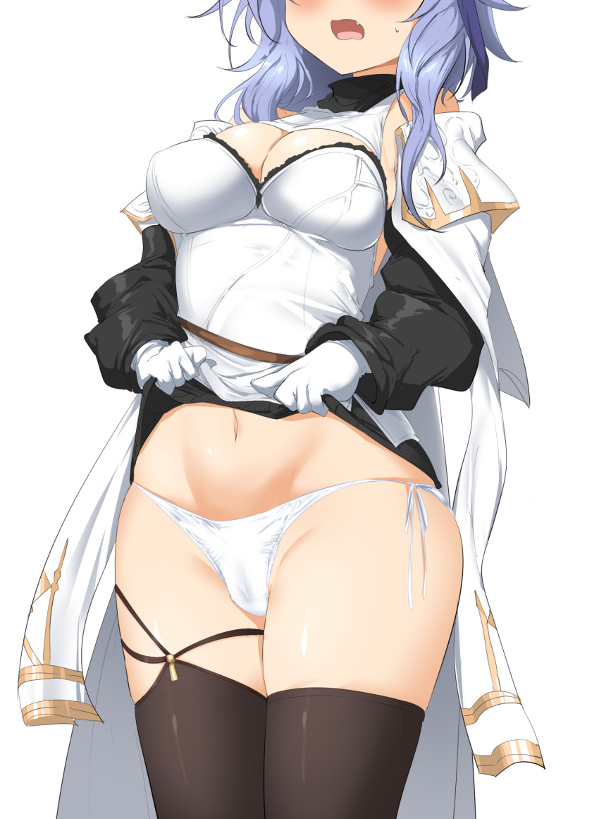 1girl black_skirt black_thighhighs blue_hair blush breasts clothes_lift fang gloves granblue_fantasy head_out_of_frame highres jacket legs_together lifted_by_self long_hair medium_breasts momio nav open_clothes open_jacket open_mouth paid_reward_available panties shirt side-tie_panties simple_background skirt skirt_lift solo standing thighhighs tikoh underwear white_gloves white_jacket white_panties white_shirt