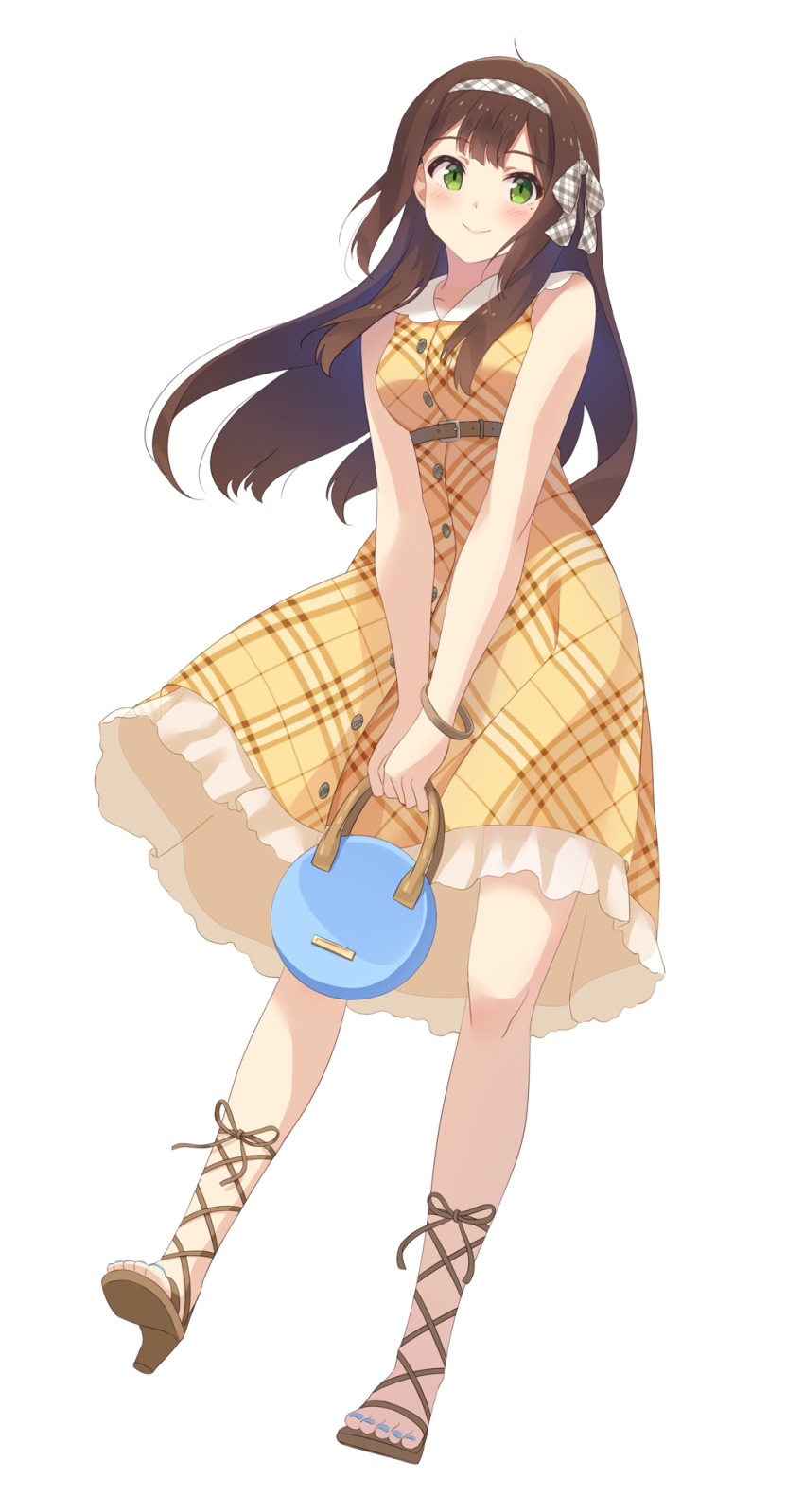 1girl :&gt; bag blue_nails blush bracelet breasts brown_hair character_request closed_mouth copyright_request full_body green_eyes hairband handbag high_heels highres jewelry lips long_hair looking_at_viewer medium_breasts mole mole_under_eye narumi_nanami simple_background smile solo white_background