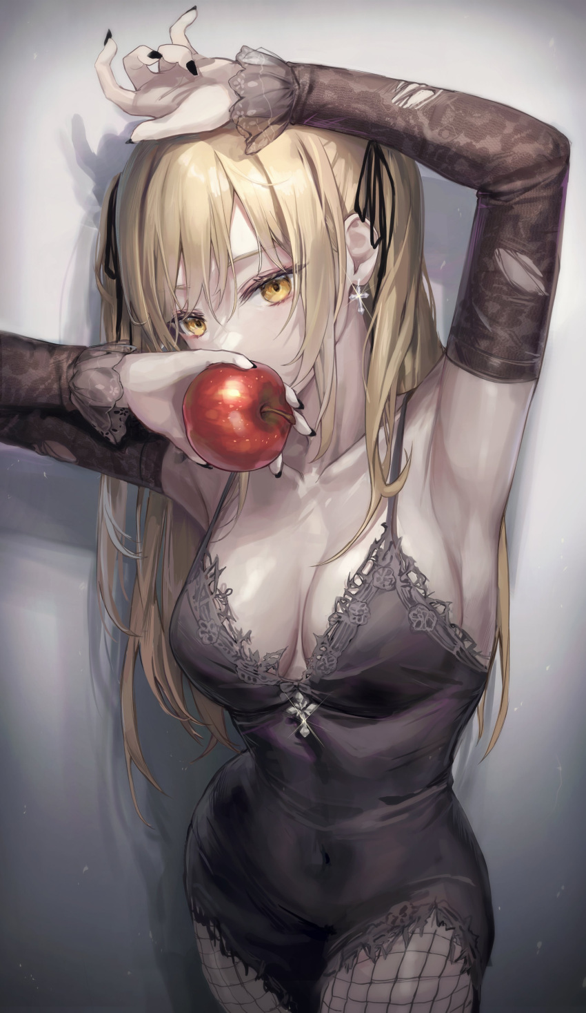 1girl absurdres aibek amane_misa apple arm_up armpits bangs black_dress black_nails blonde_hair breasts cleavage collarbone covered_navel cross cross_earrings death_note dress earrings fishnet_pantyhose fishnets food fruit gradient gradient_background grey_background hair_ornament highres holding holding_food holding_fruit jewelry large_breasts long_hair looking_at_viewer nail_polish pantyhose simple_background solo yellow_eyes