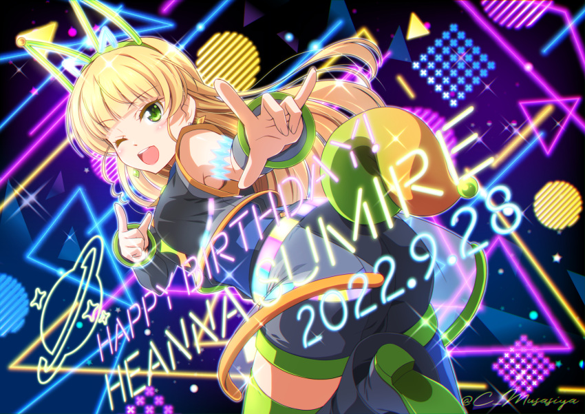 1girl animal_ears bangs birthday blonde_hair breasts character_name commentary detached_sleeves earrings english_text green_eyes happy_birthday heanna_sumire highres jewelry long_hair looking_at_viewer love_live! love_live!_superstar!! medium_breasts musashiya_chougenbou one_eye_closed short_shorts shorts smile solo tail thighhighs vitamin_summer!