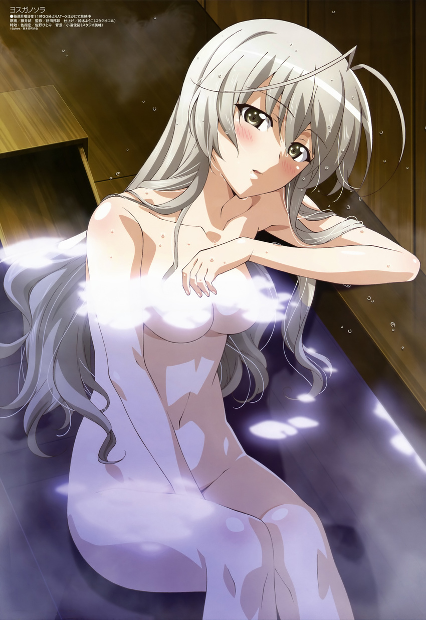 absurdres antenna_hair bathing blush breasts censored cleavage convenient_censoring fujii_yui highres kasugano_sora legs long_hair medium_breasts megami non-web_source nude official_art pinup silver_hair solo very_long_hair water wet yosuga_no_sora