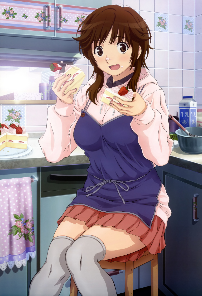 :d absurdres amagami apron bangs breasts brown_hair cabinet cake casual chair container cooking counter curvy dual_wielding eating egg food food_on_face fruit grey_legwear highres holding holding_food hood hoodie icing indoors kitchen knees_together long_sleeves looking_at_viewer medium_breasts milk_carton mixing_bowl nail_polish non-web_source nyantype official_art open_mouth over-kneehighs pink_nails pink_skirt pleated_skirt polka_dot sakurai_rihoko scan sitting skirt slice_of_cake smile solo strawberry thighhighs tile_wall tiles towel towel_rack umetsu_yukinori whisk zettai_ryouiki