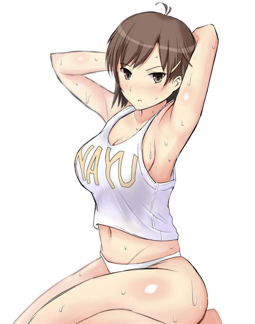 1girl absurdres amagami antenna_hair armpits bangs bare_arms bare_shoulders blush breasts brown_eyes brown_hair cleavage clothes_writing commentary_request crop_top gyuunyuu_pack_(tanaka) highres itou_kanae_(amagami) large_breasts looking_at_viewer midriff navel no_pants nose_blush open_mouth panties pose shiny shiny_skin short_hair sideboob simple_background sitting solo stomach sweat tank_top thighs underwear wariza wet white_background white_panties white_tank_top