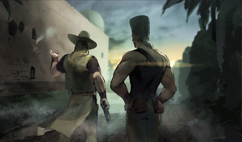 2boys at4190_(user_vzac7788) black_shirt blonde_hair blue_sky cloud cloudy_sky earrings egypt emperor_(stand) gun highres hol_horse holding holding_gun holding_weapon jean_pierre_polnareff jewelry jojo_no_kimyou_na_bouken long_hair male_focus multiple_boys outdoors palm_tree pants shirt single_strap sky stand_(jojo) stardust_crusaders tree weapon white_hair white_pants yellow_shirt