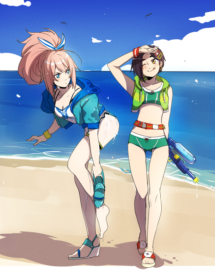 2girls ;q absurdres arm_up bare_legs barefoot beach bikini bikini_shorts black_hair blue_eyes blue_sky blush bow breasts brown_eyes cleavage closed_mouth cloud collarbone day full_body green_bikini green_shorts hair_bow hair_ornament hairclip highres holding holding_water_gun leaning_forward long_hair medium_breasts micro_shorts multiple_girls navel ocean one_eye_closed outdoors pink_hair ponytail rinwell_(tales) shiny shiny_hair shionne_(tales) short_hair shorts sky sports_bikini standing standing_on_one_leg striped striped_bow swimsuit tales_of_(series) tales_of_arise thigh_strap tongue tongue_out tusia very_long_hair water_gun white_bikini wristband