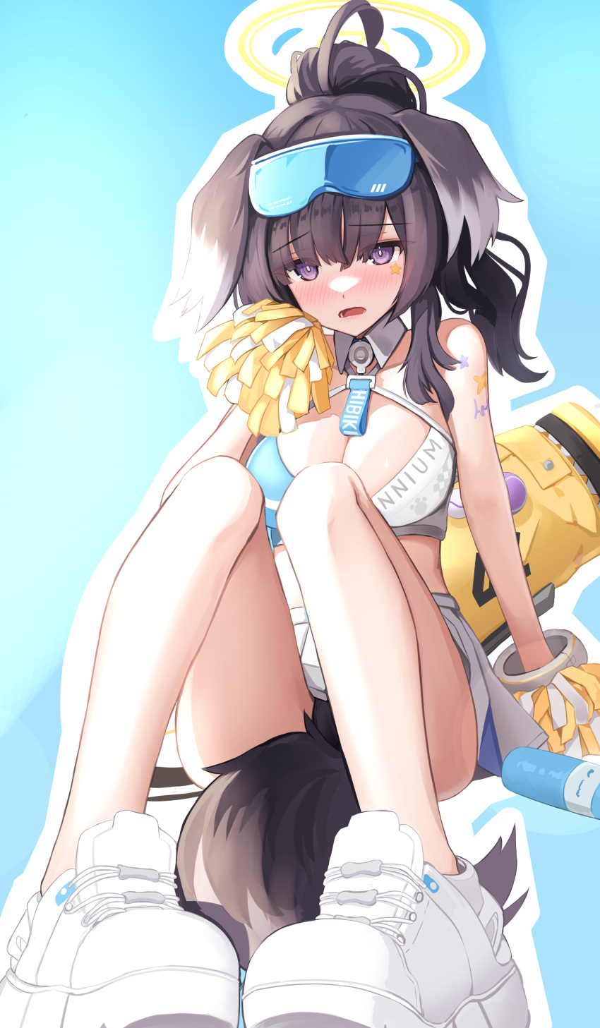 1girl absurdres ahoge animal_ears bangs bare_legs black_hair blue_archive blue_background blush bottle breasts cleavage crop_top daran9 dog_ears dog_tail full_body goggles goggles_on_head hair_between_eyes halo hibiki_(cheerleader)_(blue_archive) highres hina_(blue_archive) holding holding_pom_poms knees_up large_breasts long_hair looking_at_viewer open_mouth outline pom_pom_(cheerleading) ponytail purple_eyes shoes shoulder_tattoo sidelocks simple_background sitting skirt solo star_tattoo tail tattoo white_outline white_skirt