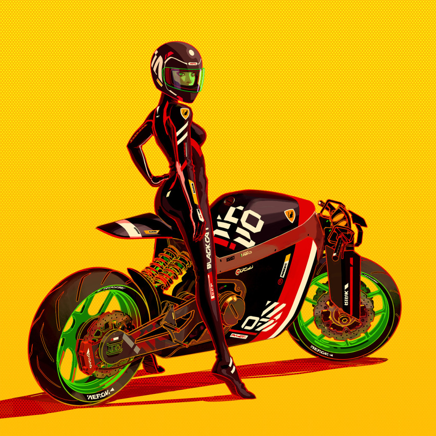 1girl black_bodysuit black_footwear bodysuit breasts ducati full_body ground_vehicle hand_on_hip helmet highres joon_ahn looking_at_viewer motor_vehicle motorcycle motorcycle_helmet original simple_background small_breasts standing yellow_background