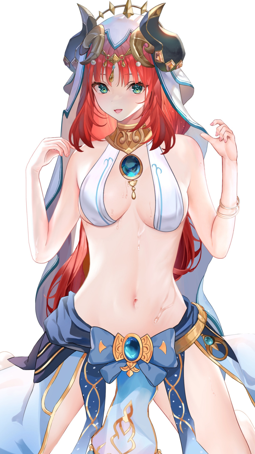 1girl absurdres bangs bare_shoulders blush breasts brooch forehead_jewel genshin_impact green_eyes hands_up harem_outfit highres horns jewelry kneeling long_hair looking_at_viewer medium_breasts neck_ring niduannowu nilou_(genshin_impact) parted_bangs parted_lips red_hair revealing_clothes simple_background skirt smile solo thighs twintails veil vision_(genshin_impact) white_background