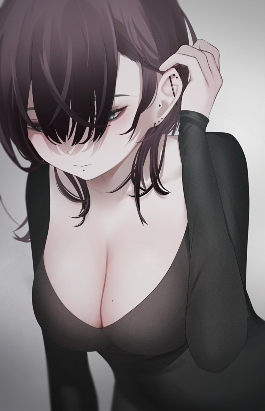 1girl adjusting_eyewear black_dress black_hair blue_eyes breasts cleavage closed_mouth collarbone dress ear_piercing expressionless gradient gradient_background grey_background hair_behind_ear hair_over_eyes highres large_breasts long_sleeves migihidari_(puwako) mole mole_on_breast mole_under_mouth original piercing short_hair solo upper_body