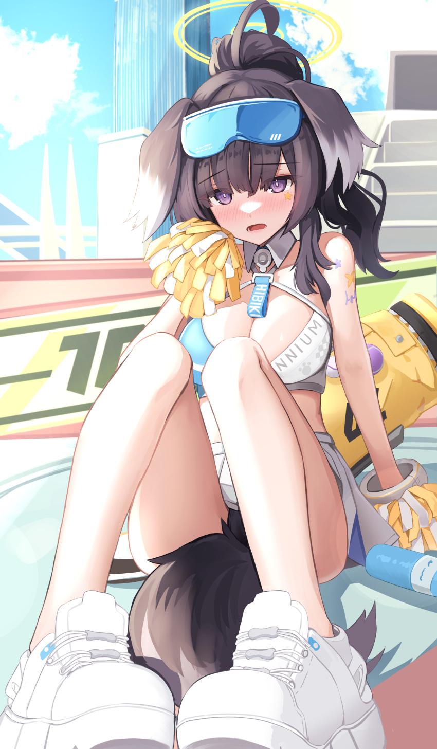 1girl absurdres ahoge animal_ears bangs bare_legs black_hair blue_archive blush bottle breasts cleavage crop_top daran9 day dog_ears dog_tail full_body goggles goggles_on_head hair_between_eyes halo hibiki_(cheerleader)_(blue_archive) highres hina_(blue_archive) holding holding_pom_poms knees_up large_breasts long_hair looking_at_viewer open_mouth pom_pom_(cheerleading) ponytail purple_eyes shoes shoulder_tattoo sidelocks sitting skirt solo star_tattoo tail tattoo white_skirt