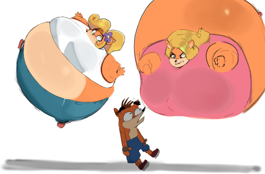 activision anthro belly blonde_hair coco_bandicoot crash_bandicoot crash_bandicoot_(series) female female/female fur group hair hi_res inflation long_hair male male/female nuumatic tawna_bandicoot trio video_games