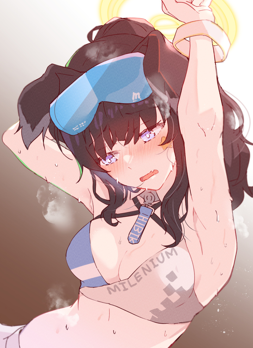 1girl absurdres animal_ears arito_arayuru armpits arms_up bangs black_hair blue_archive blush breasts breath cheerleader dog_ears dog_girl embarrassed eyewear_on_head goggles goggles_on_head gradient gradient_background halo heavy_breathing hibiki_(blue_archive) hibiki_(cheerleader)_(blue_archive) highres long_hair medium_breasts midriff open_mouth solo steam steaming_body sweat