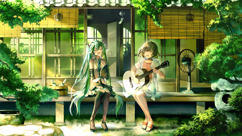 2girls :d bangs bare_shoulders black_footwear black_skirt black_sleeves boots bottle brown_eyes brown_hair brown_shirt closed_eyes collared_shirt commentary_request day detached_sleeves electric_fan frilled_skirt frills green_hair green_necktie hair_between_eyes hatsune_miku highres holding holding_instrument hood hood_down hooded_jacket instrument jacket long_hair long_sleeves multiple_girls music necktie open_clothes open_jacket outdoors playing_instrument pleated_skirt saihate_(d3) sandals shirt short_hair skirt sleeveless sleeveless_shirt smile thigh_boots tie_clip tree twintails very_long_hair vocaloid white_jacket white_shirt white_skirt wide_sleeves