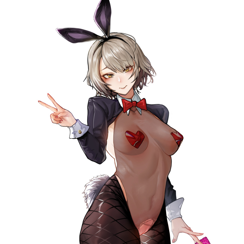 1girl absurdres animal_ears black_thighhighs blush bow bowtie breasts brown_leotard closed_mouth covered_navel covered_nipples cowboy_shot fake_animal_ears fake_tail fingernails girls'_frontline grey_hair heart_pasties highres large_breasts leotard long_fingernails long_sleeves looking_at_viewer meme_attire nail_polish pasties pink_nails pussy rabbit_ears rabbit_tail red_bow red_bowtie reverse_bunnysuit reverse_outfit short_hair shrug_(clothing) smile solo tail thighhighs torn_clothes torn_leotard traditional_bowtie uncensored v vector_(girls'_frontline) yellow_eyes yi_zhi_ai_xi