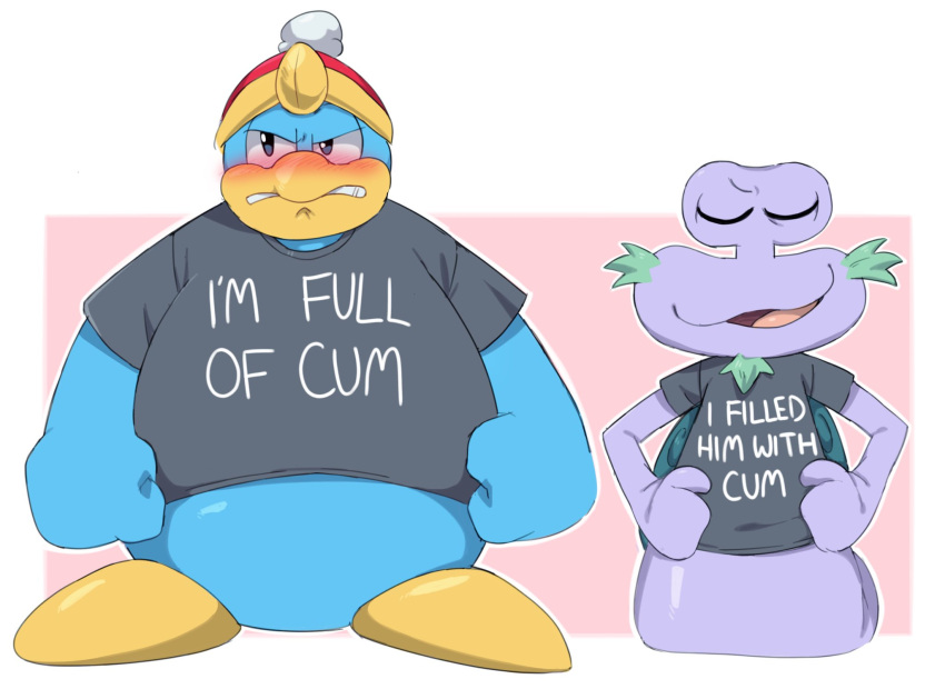 angry anthro avian bird blue_body blue_feathers blush clothing duo embarrassed english_text escargoon feathers gastropod hat headgear headwear hi_res humor king_dedede kirby_(series) male male/male mollusk nintendo novelty_clothing penguin purple_body snail st6377 suggestive_shirt text video_games