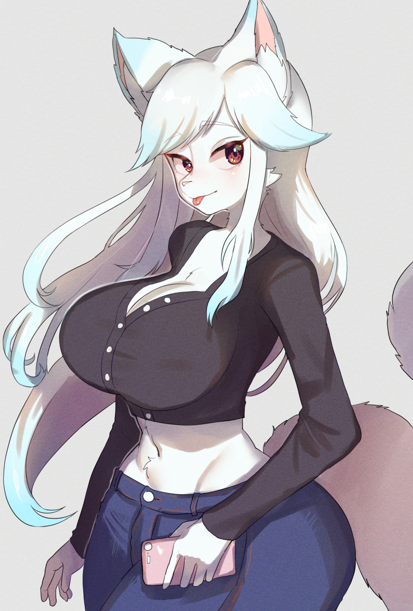 absurd_res anthro big_breasts blep breasts canid canine cellphone cleavage clothed clothing female fur hi_res holding_cellphone holding_object holding_phone mammal onikuman phone solo tongue tongue_out white_body white_fur wide_hips