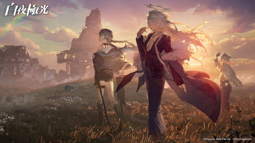 1boy 2girls alchemy_stars belt black_coat black_jacket black_pants black_shirt black_shorts boots breasts casta_(alchemy_stars) cleavage cloud coat collar company_name copyright_name eyepatch field floating_hair flower fur-trimmed_coat fur_trim grass grey_hair gun halo hand_in_pocket highres holding holding_gun holding_weapon jacket jewelry lipstick long_hair long_sleeves looking_afar makeup medical_eyepatch multiple_girls navigator_(alchemy_stars) necklace official_art outdoors pants pollux_(alchemy_stars) rainbow ruins shading_eyes shirt short_hair shorts small_breasts standing sunset sword thigh_strap walking weapon white_jacket