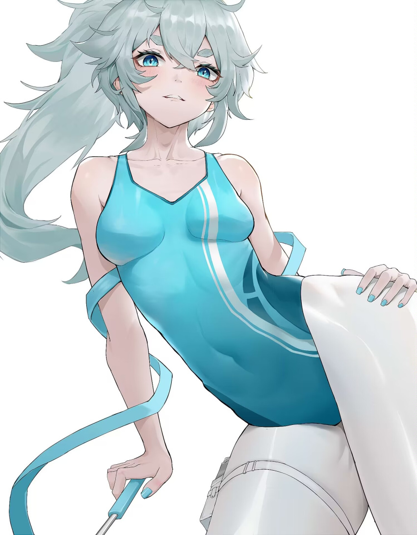 1girl aqua_hair aqua_nails athletic_leotard bad_anatomy bangs bare_shoulders blue_eyes blue_leotard blush breasts collarbone covered_navel di_qi_gang_guang feet_out_of_frame girls'_frontline gymnastics_ribbon hand_on_own_thigh highres holding holding_wand leotard long_hair looking_at_viewer medium_breasts nail_polish official_alternate_costume open_mouth pa-15_(dance_in_the_ice_sea)_(girls'_frontline) pa-15_(girls'_frontline) pantyhose parted_lips ponytail sitting solo thighs wand white_background white_pantyhose
