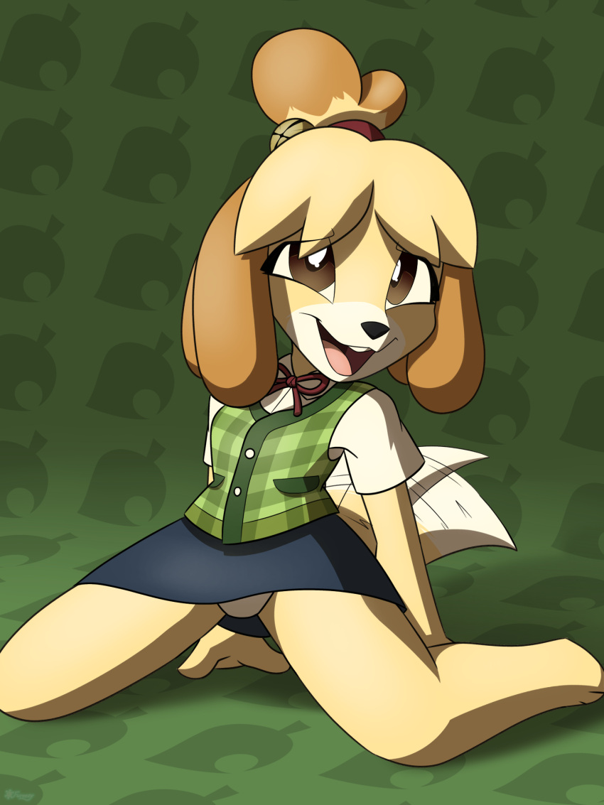 animal_crossing anthro bell bottomwear canid canine canis clothed clothing digital_media_(artwork) domestic_dog female fur fureezy hair hi_res isabelle_(animal_crossing) kneeling leaning leaning_back looking_at_viewer mammal nintendo panties shih_tzu signature simple_background skirt solo sweater sweater_vest topwear toy_dog underwear vest video_games yellow_body yellow_fur