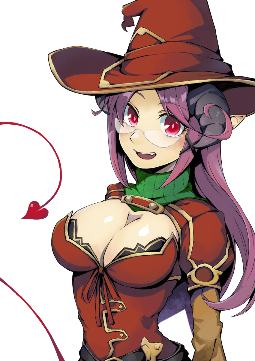 1girl absurdres breasts cleavage cleavage_cutout clothing_cutout demon_girl demon_horns demon_tail fang glasses hair_ornament hat highres horns kawahara0527 large_breasts long_hair looking_at_viewer mon-musu_quest! pointy_ears purple_hair red_eyes red_headwear simple_background solo succubus_witch_(mon-musu_quest!) tail upper_body white_background witch_hat x_hair_ornament