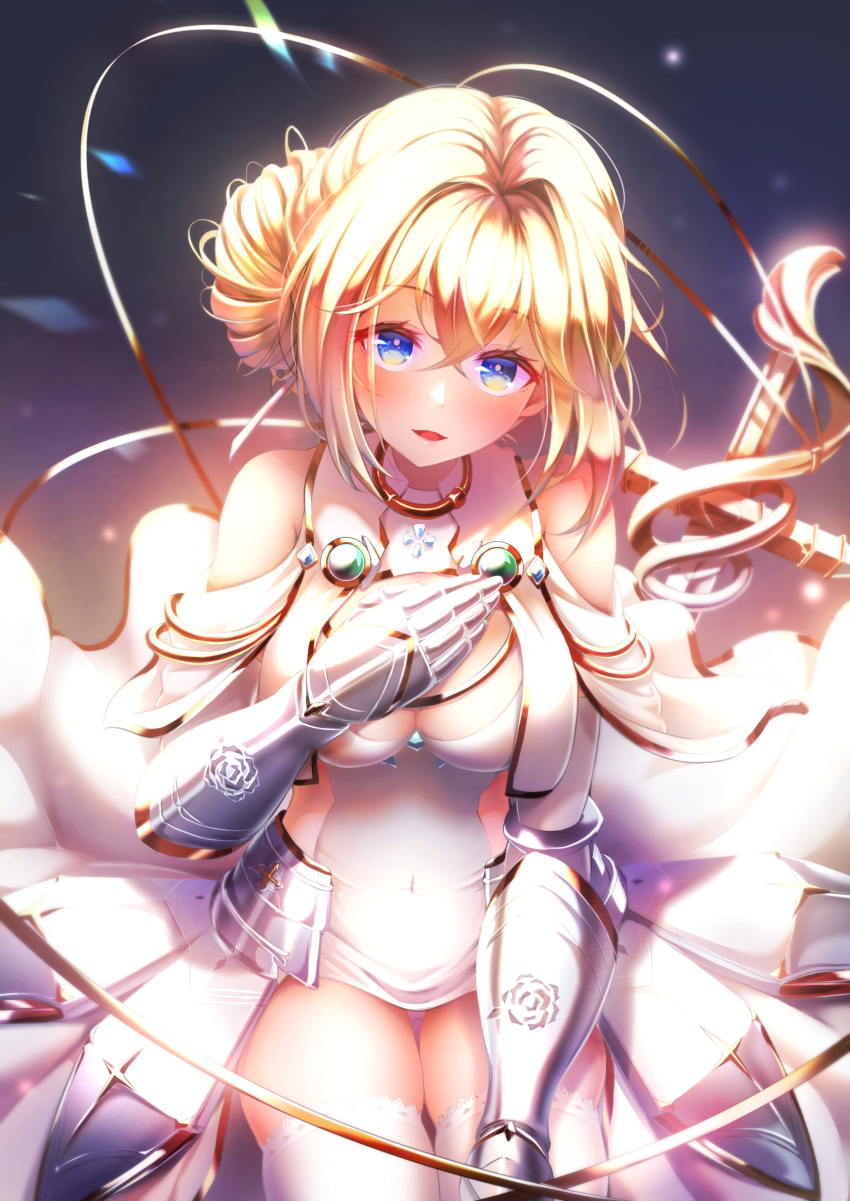 1girl azur_lane blonde_hair blue_eyes breast_curtains breasts gauntlets gold_trim hand_on_own_chest highres imo_bouya jeanne_d'arc_(azur_lane) long_hair looking_at_viewer medium_breasts showgirl_skirt skindentation solo thighhighs white_thighhighs