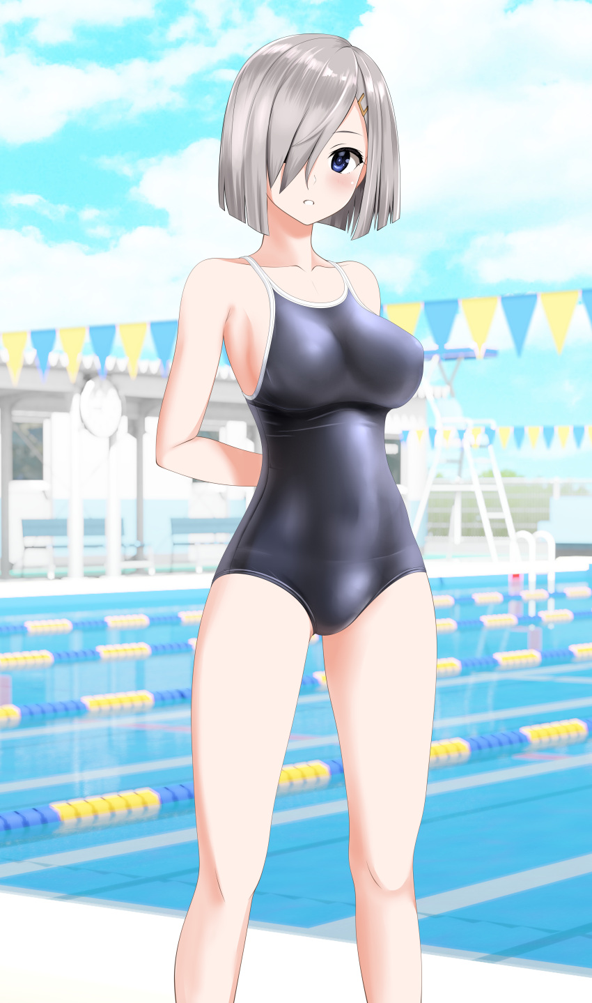 1girl absurdres alternate_costume arms_behind_back black_one-piece_swimsuit blue_eyes blue_sky breasts cloud commentary_request competition_school_swimsuit day feet_out_of_frame grey_hair hair_ornament hair_over_one_eye hairclip hamakaze_(kancolle) highres kantai_collection lane_line large_breasts looking_at_viewer outdoors parted_lips pool school_swimsuit short_hair sky solo string_of_flags swimsuit takafumi