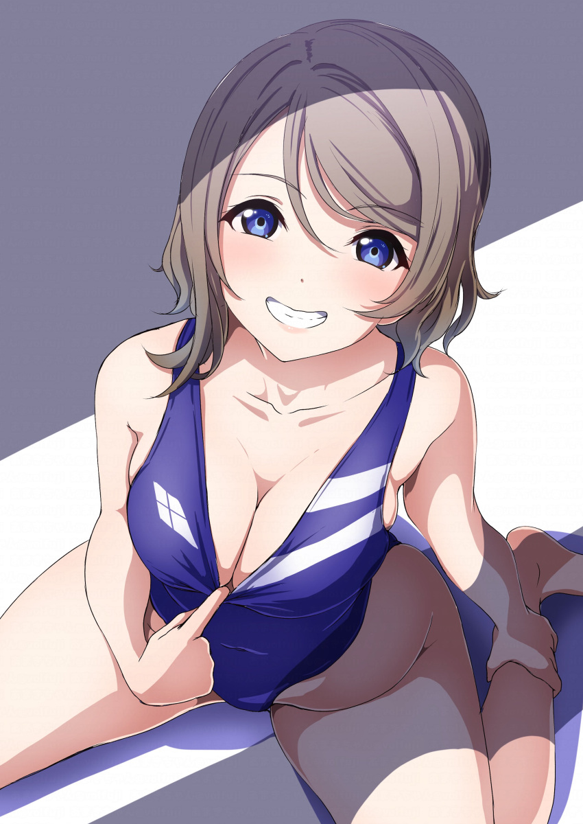 1girl absurdres amagi_(volfuji) ankle_grab bangs blue_eyes blue_one-piece_swimsuit breasts cleavage clothes_pull collarbone commentary competition_swimsuit from_above grey_background grin hand_on_own_ankle highres light_brown_hair love_live! love_live!_sunshine!! medium_breasts medium_hair one-piece_swimsuit pulled_by_self shade sitting smile solo swept_bangs swimsuit swimsuit_pull teeth wariza watanabe_you white_background