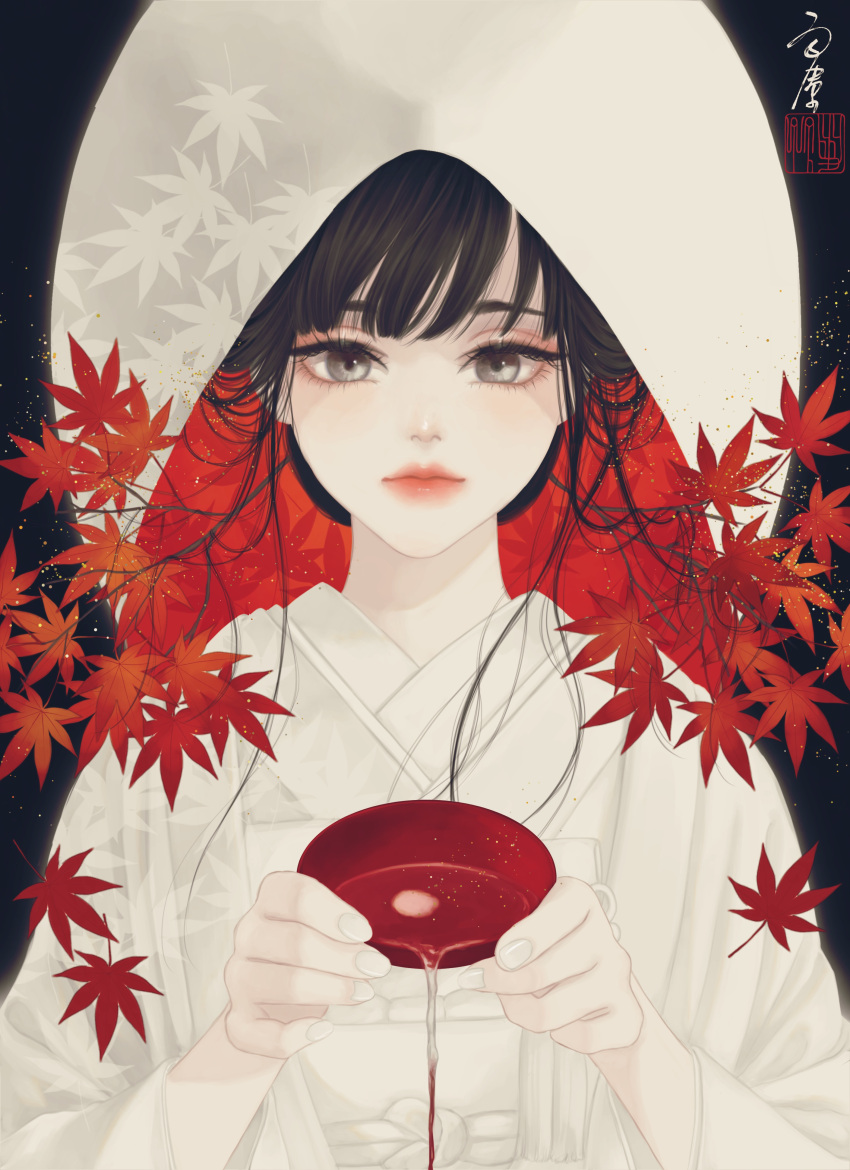 1girl absurdres alcohol autumn_leaves bangs black_background bride brown_eyes brown_hair closed_mouth commentary_request cup highres holding holding_cup japanese_clothes kimono leaf long_hair long_sleeves looking_at_viewer maple_leaf nail_polish obi obijime original pouring sakazuki sake sash seal_impression shiromuku signature solo straight-on twig uchikake upper_body ushiyama_ame wataboushi white_headwear white_kimono white_nails