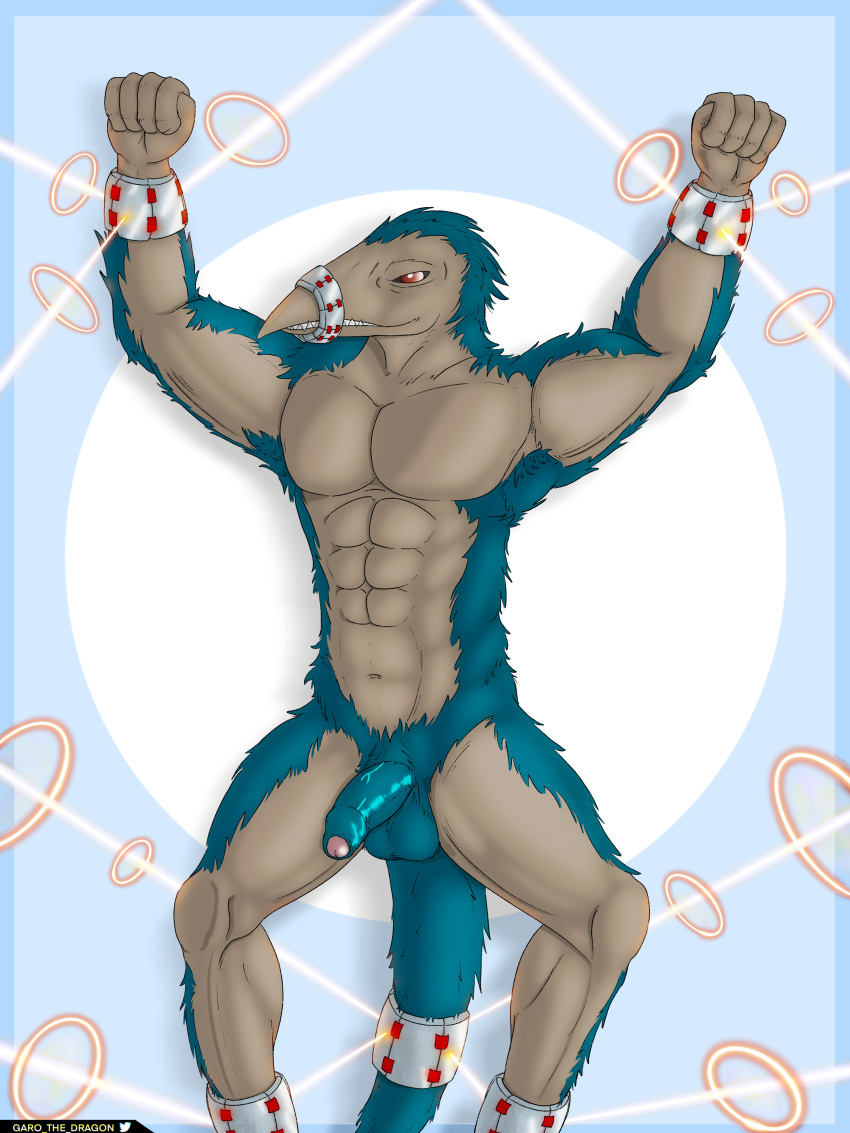 abs absurd_res angry anthro balls cuff_(restraint) fist flaccid foreskin fur garo_(artist) genitals glans handcuffs hi_res humanoid_genitalia humanoid_penis looking_at_viewer male metal_cuffs muscular navel nitro_(toriko) nude penis pinup pose raised_arms restraints shaded simple_background soft_shading solo spread_legs spreading toriko_(series) vein veiny_penis